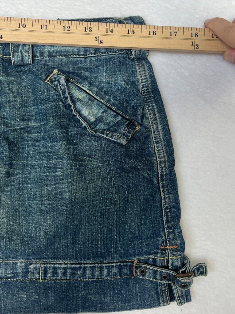 VTG Express y2k Denim Mini Skirt Buckle Utility sz 6 Sexy Going Out Dark Wash - Picture 6 of 8